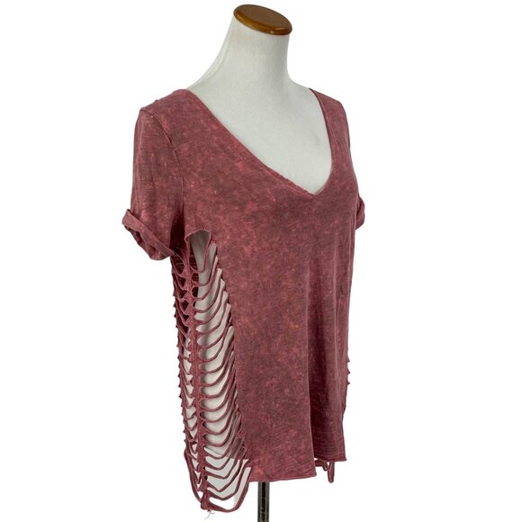 Gimmicks Exclusive Washed Mauve Raw Hem V-Neck Side Cutouts & Strappy Back Top - Picture 10 of 15